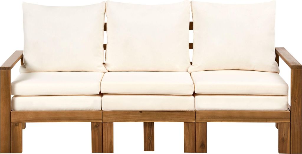 BELIANI Gartenbank aus braunem Akazienholz mit hellbeigen Kissen 190 cm multifunktionales umbaubares Outdoor-Sofa Tagesbett Lattenrost rustikaler Stil