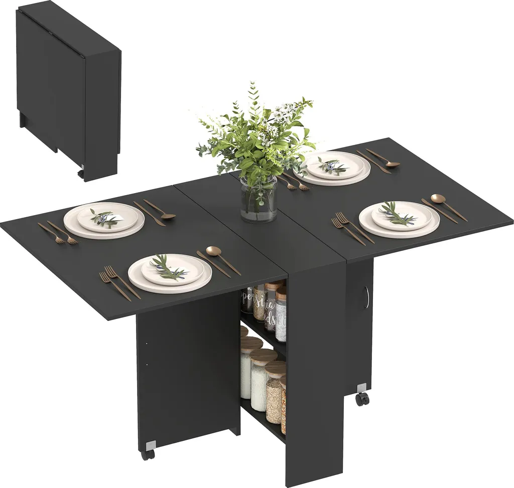 Table pliable à roulettes 140cm noire avec 2 étagères de rangement - 11