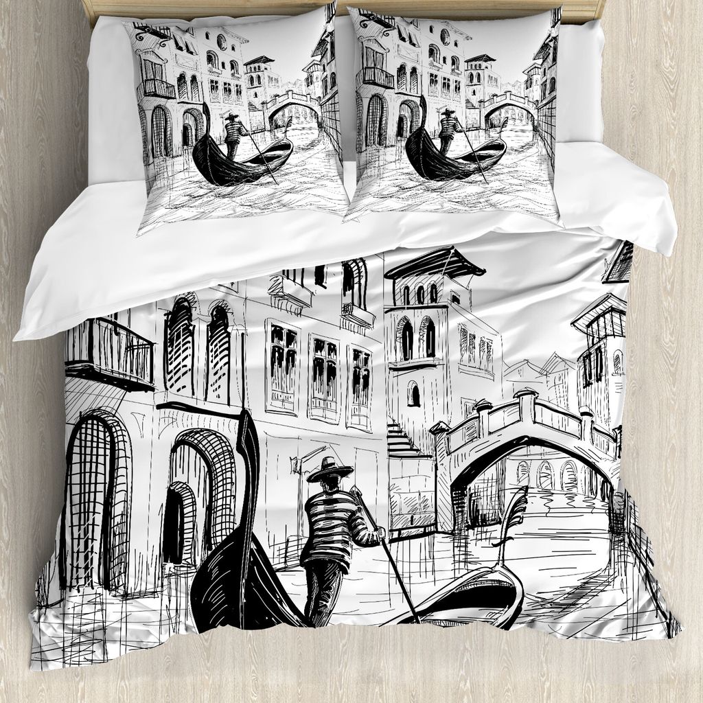 ABAKUHAUS Skizzenhaft Bettbezug, Mittelmeer-Urlaub, Milbensicher Allergiker geeignet mit Kissenbezügen, 200 cm x 200 cm - 80 x 80 cm, Schwarz und ...