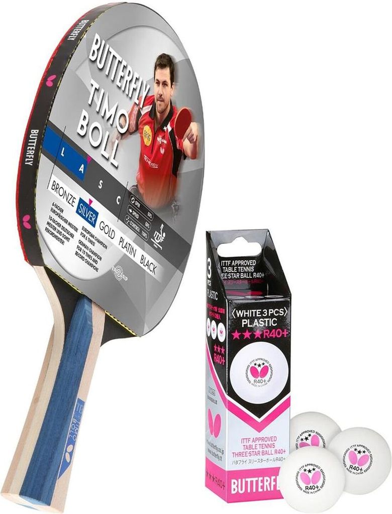 Butterfly 1x Timo Boll Silber 85016 Tischtennisschläger + 3x 40+ 3*** Tischtennisbälle | Tischtennisset Tischtennis Set TT Tabletennis