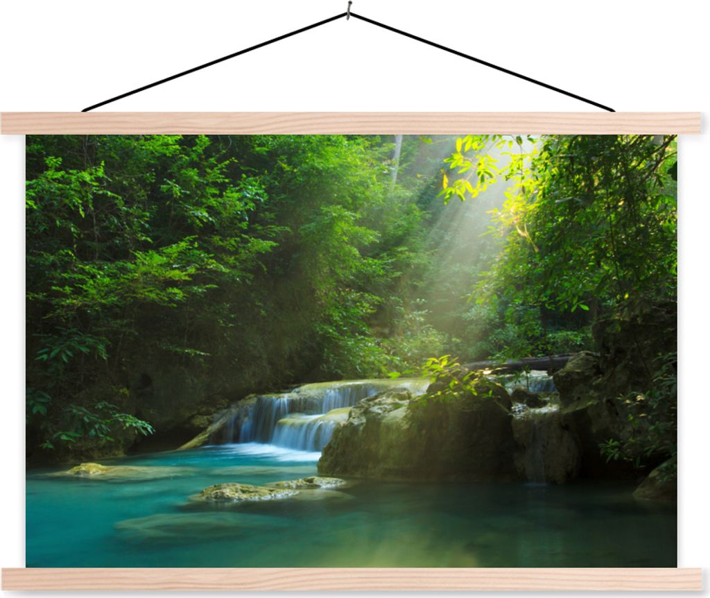 MuchoWow Textilposter Dschungel - Wasserfall - Pflanzen - Jungen - Mädchen - Kinder 60x40 cm mit holzfarbenen Rahmen - Bilder