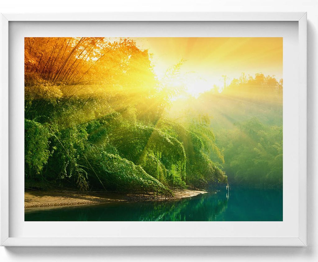 Landschaft der Natur im Sonnenschein– Wandbild mit Rahmen – Gerahmtes Bild – Wanddekoration – 80x60 cm – Weiß Rahmen