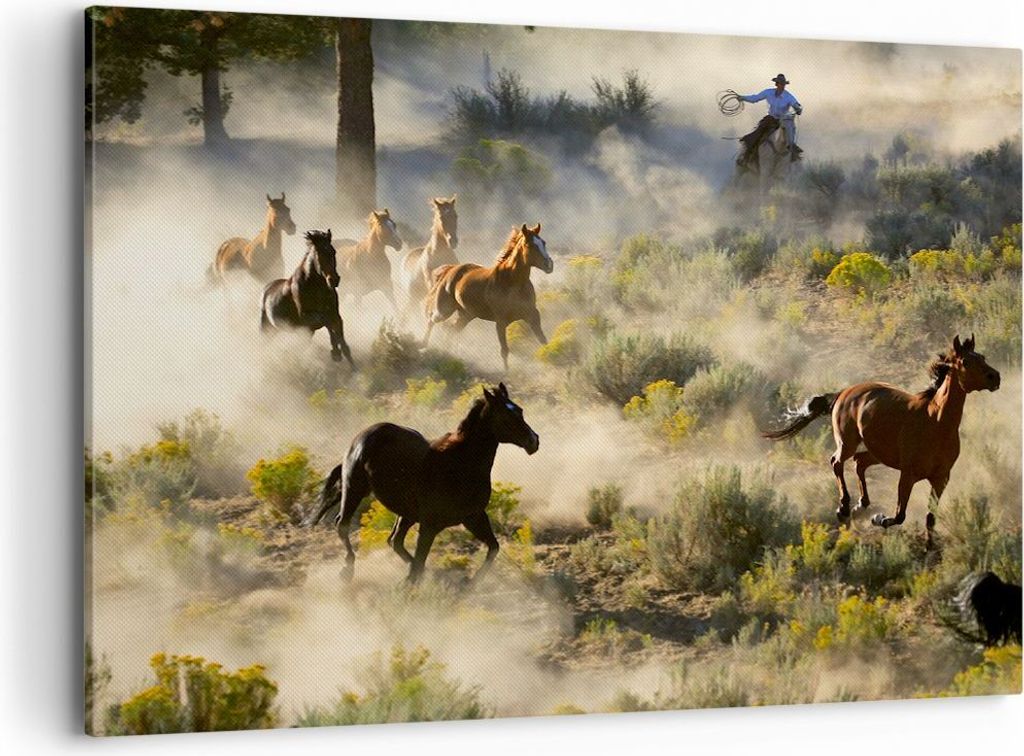 Bild auf Leinwand - Leinwandbild - Cowboy Cowgirl Pferd - 100x70cm - Wand Bild - Wanddeko - Leinwanddruck - Bilder - Kunstdruck - Wanddekoration - ...