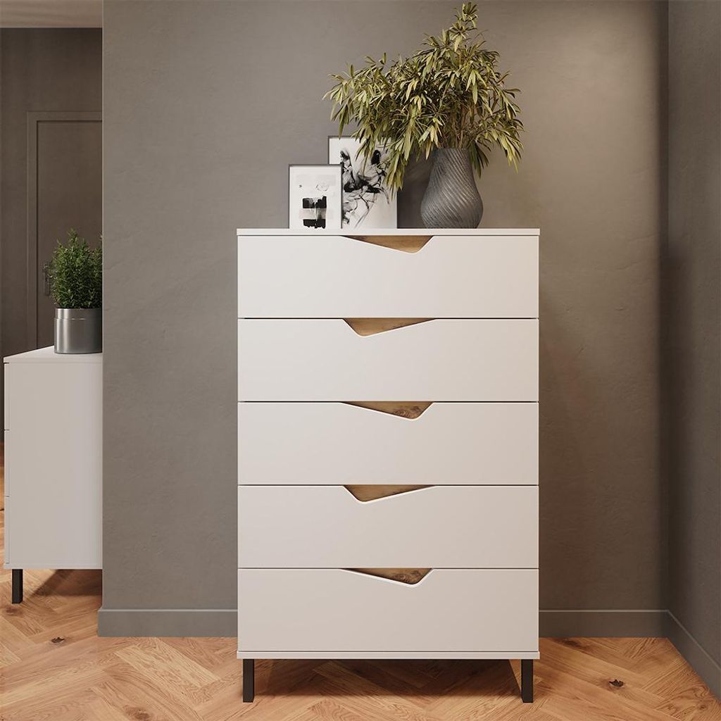 Vicco Kommode Marelle, 76 x 120 cm mit 5 Schubladen, Weiß/Artisan