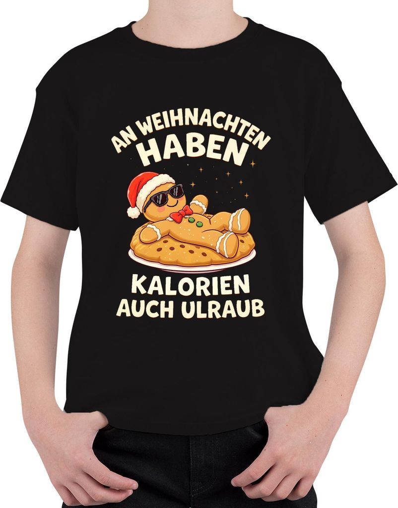 An Weihnachten haben Kalorien auch Urlaub Lebkuchenmann Geschenk Uni Kinder T-Shirt, Schwarz, 116