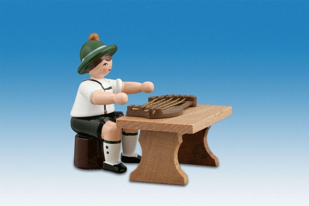 Holzfigur Musikanten mit Hut und Zither sitzend Höhe 7cm NEU