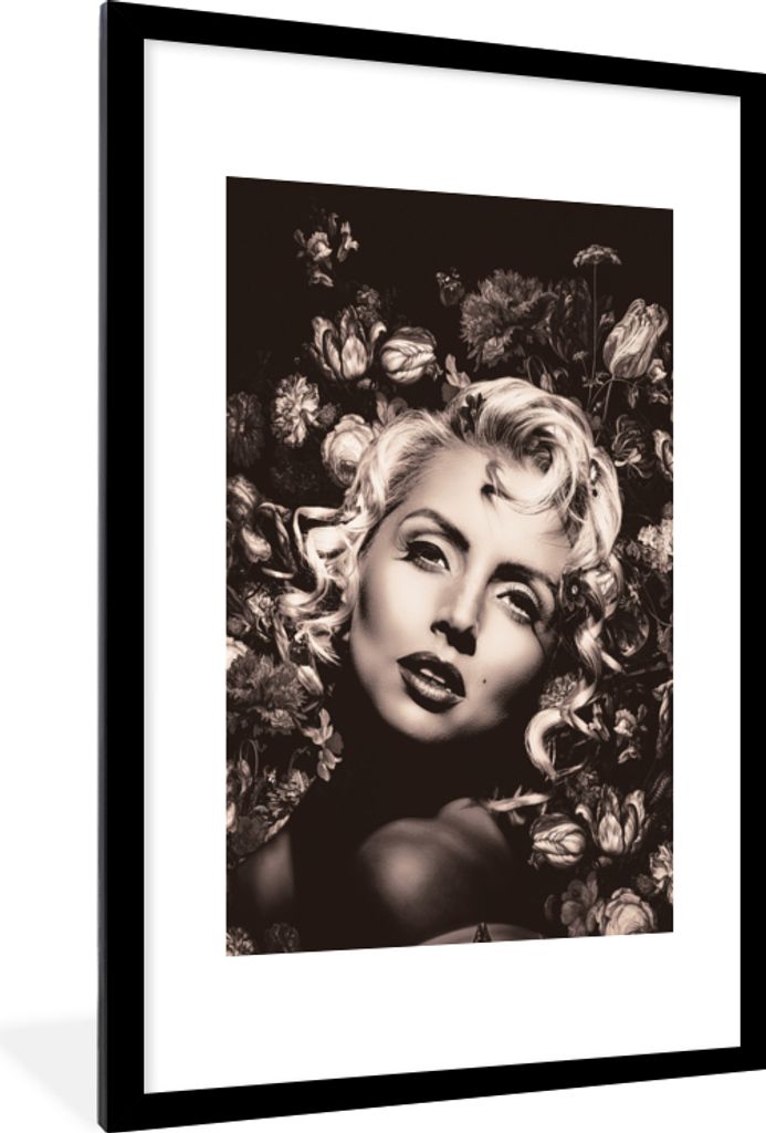 MuchoWow Gerahmtes Poster Frau - Blumen - Schwarz - Weiß 60x90 cm - Poster mit Schwarzem Bilderrahmen Wandposter Rahmen Foto Bilder - Dekoration...