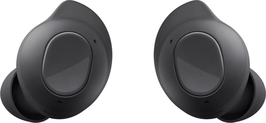 A pair of dark gray wireless earbuds are shown against a white background.
