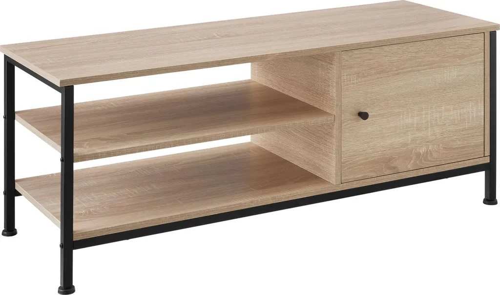 Banc TV industriel Durban 110 cm, meuble bas bois clair et chêne Sonoma