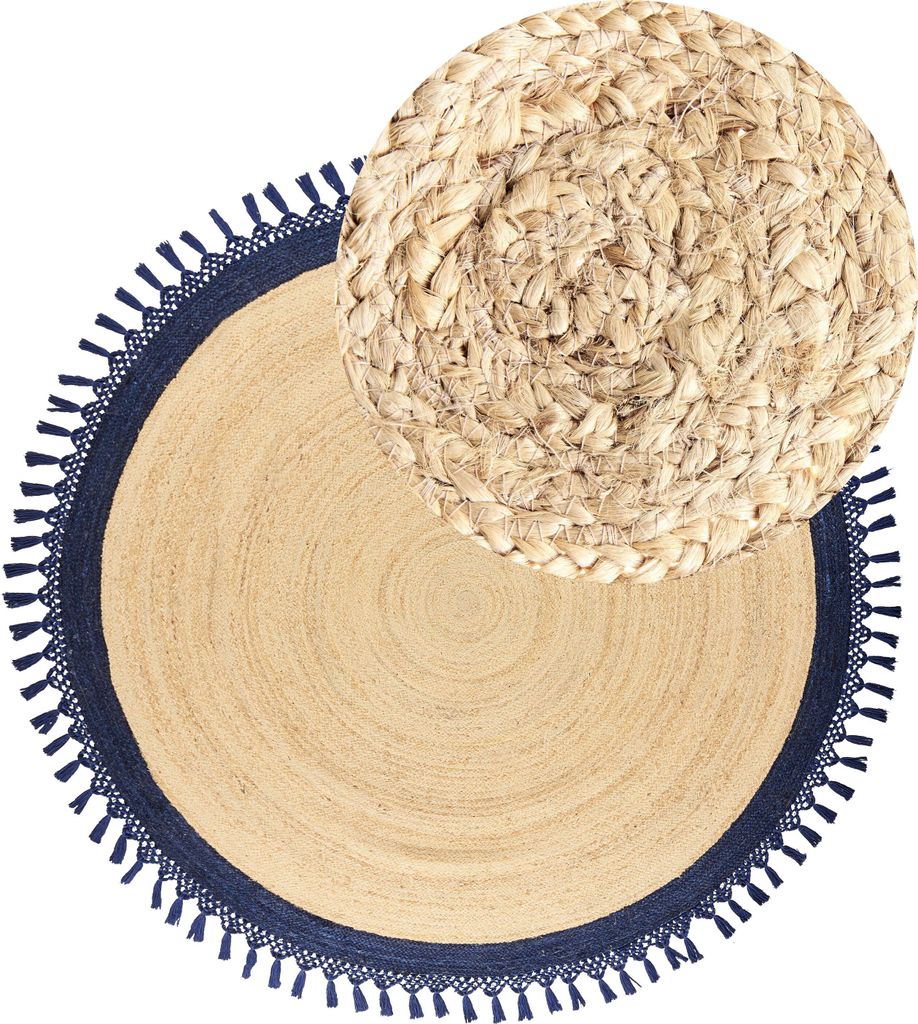 BELIANI Teppich Beige und Dunkelblau Jute Rund ø 200 cm mit Fransen Boho Rustikal Spiralform Geflochten Handgefertigt Natürlich Schlafzimmer Wohn...