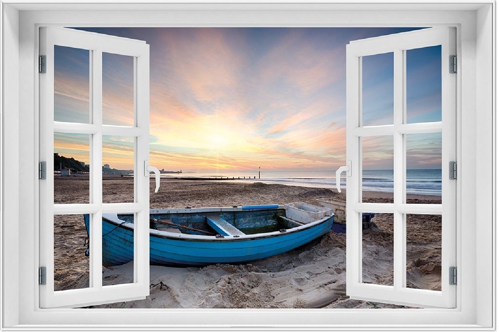 Wallario Wandbild mit Fenster-Illusion: Fischerboot am Strand bei Sonnenuntergang, Größe: 61 x 91,5 cm, Poster mit weißem Aluminiumrahmen
