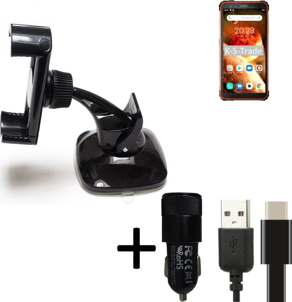 K-S-Trade Handy-Halterung kompatibel mit Blackview BV6600 Windschutzscheibe / Armaturenbrett + LADEGERÄT mit Mico USB Kabel Autohalterung