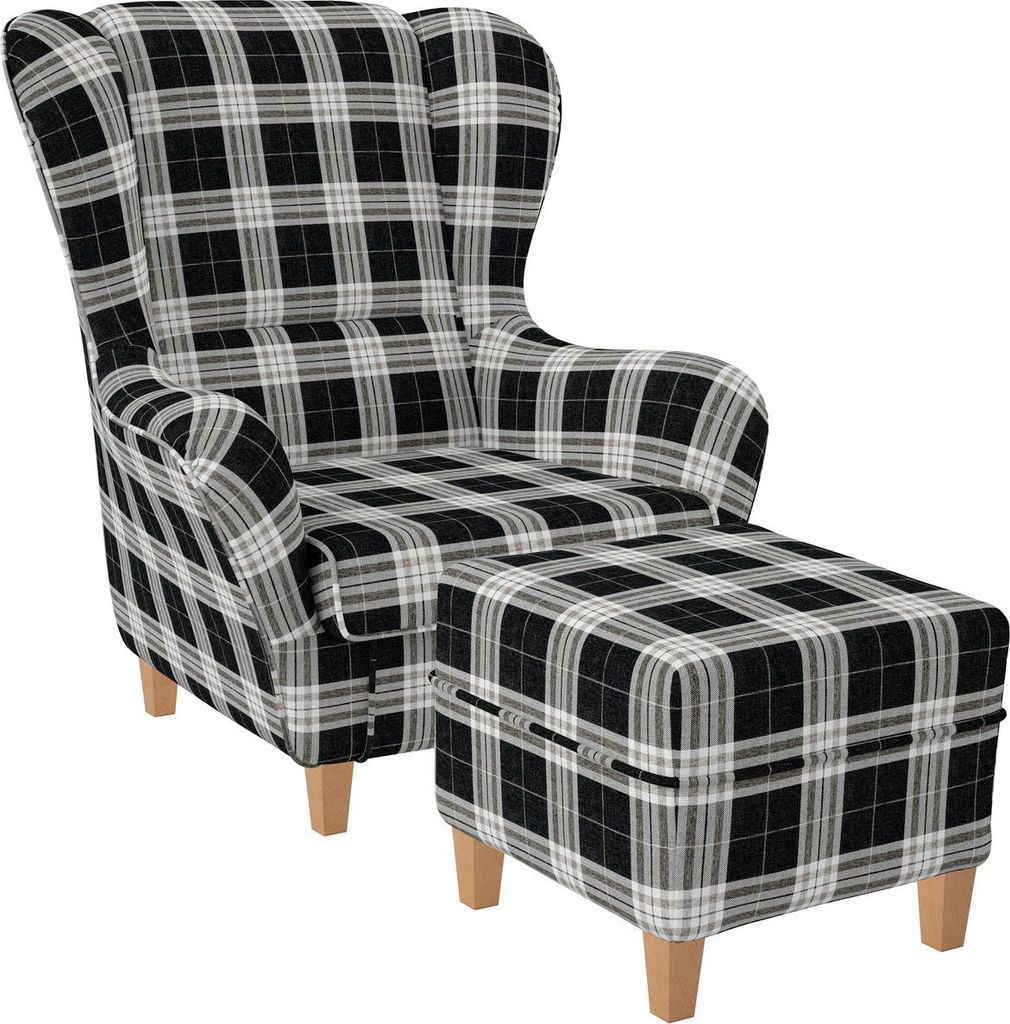 Supellex Sofia Ohrensessel mit Hocker | Design Oxford kariert