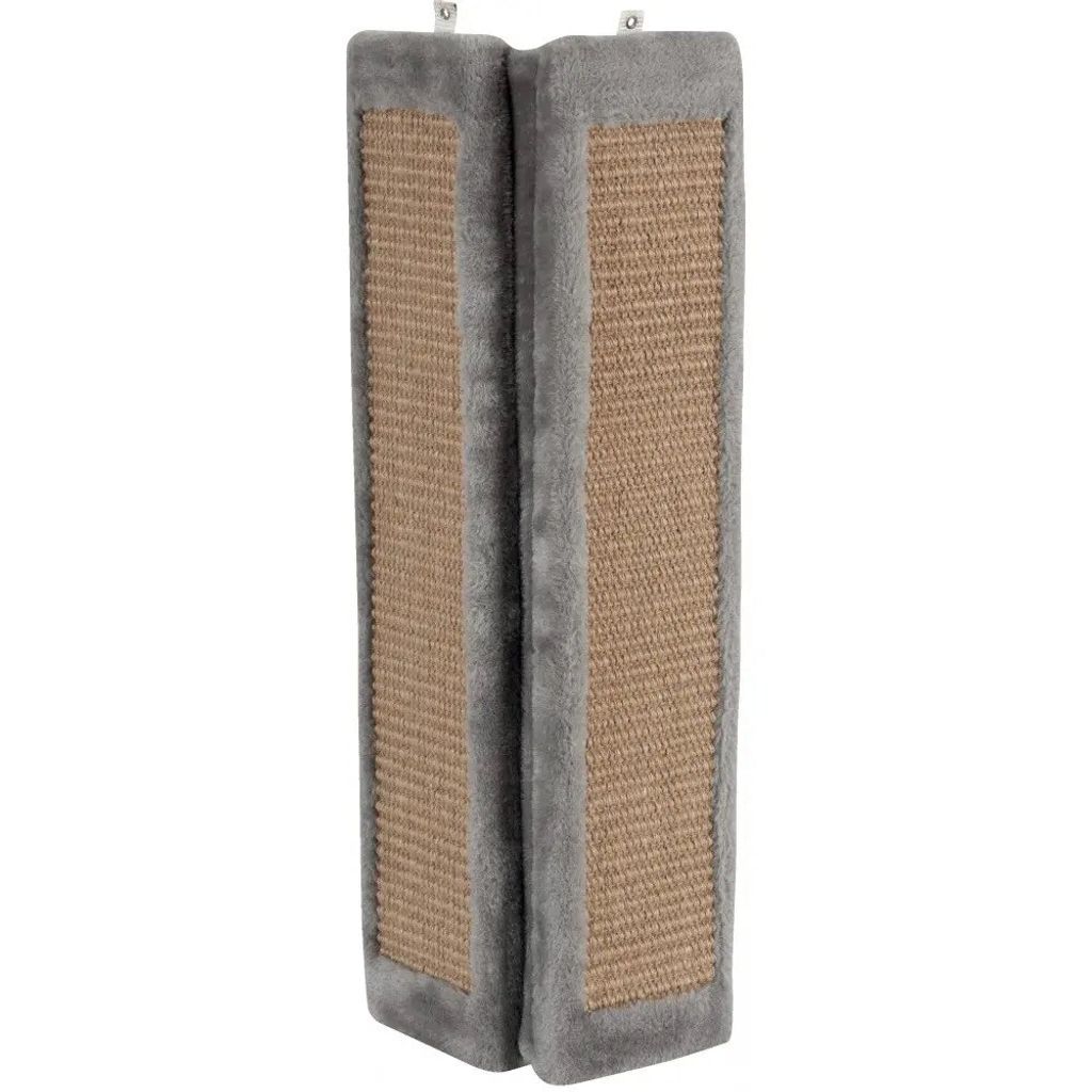 A close-up, studio shot of a cat scratching post designed to be mounted on a corner.