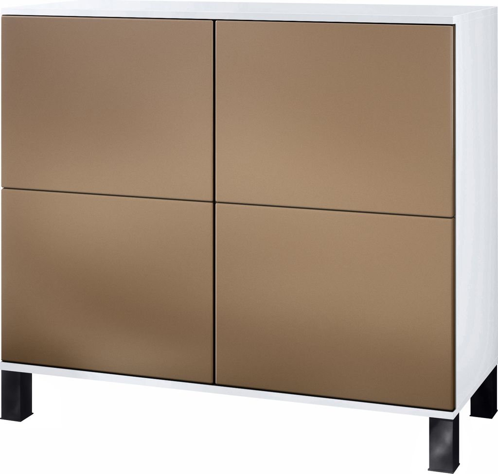Vladon Kommode Rova V3, Moderner Küchenschrank mit 4 Push-to-Open Türen Weiß matt / Bronze Optik (92,5 x 84.5 x 35)