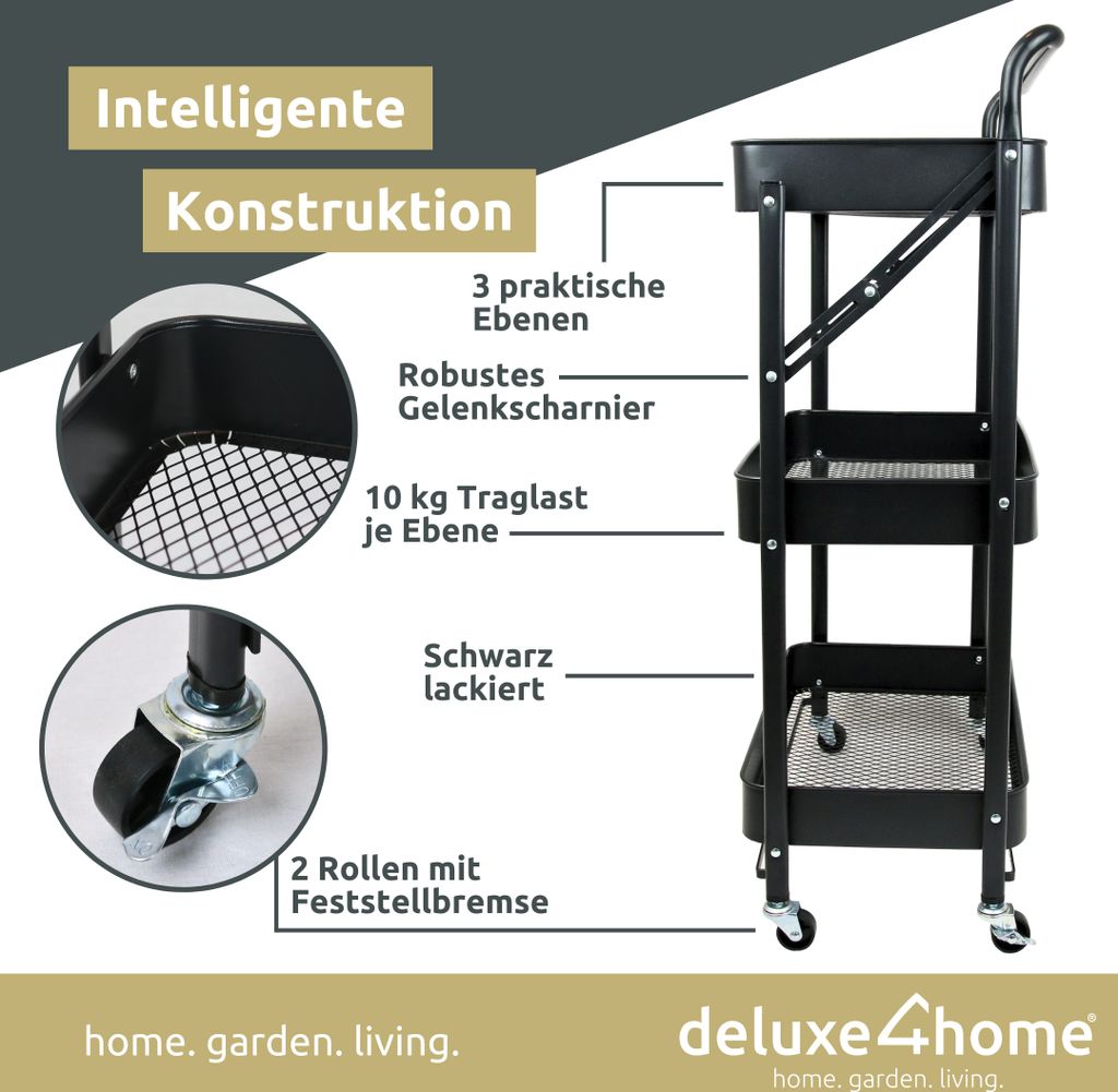 deluxe4home® Servierwagen Rollwagen klappbar 3 Ablagen Produktbild 7