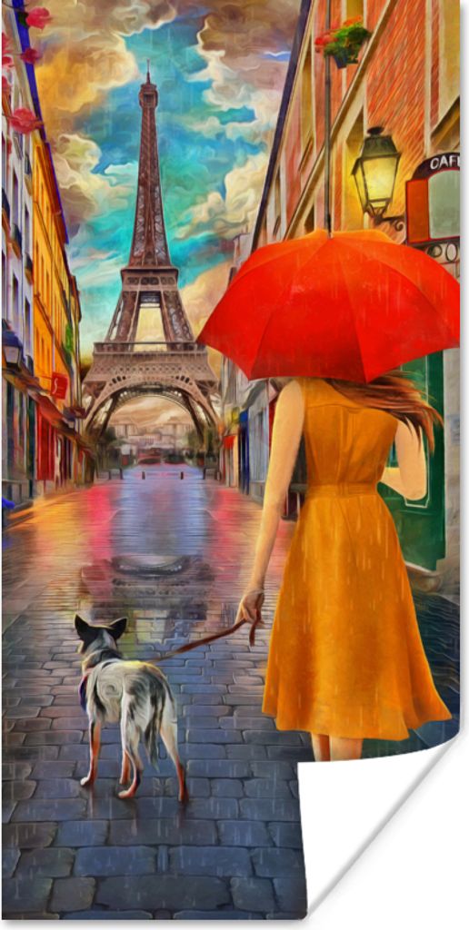MuchoWow Poster Gemälde - Ölfarbe - Frau - Hund - Paris 40x80 cm - Dekoration