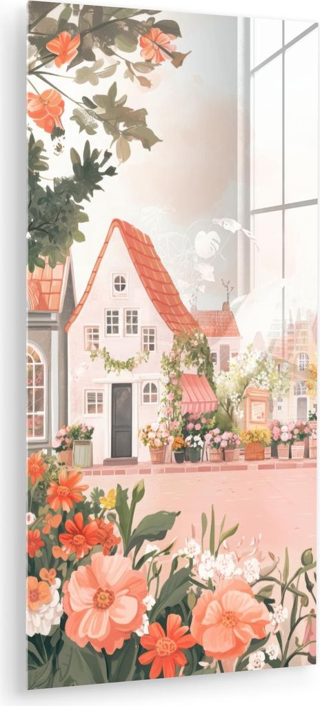 MuchoWow Glasbilder - Bilder auf Wandbild - Foto auf Glas Blumen - Häuser - Dorf 60x120 cm Wanddekoration aus Glas - Acrylglasbild - Acrylbilder -...