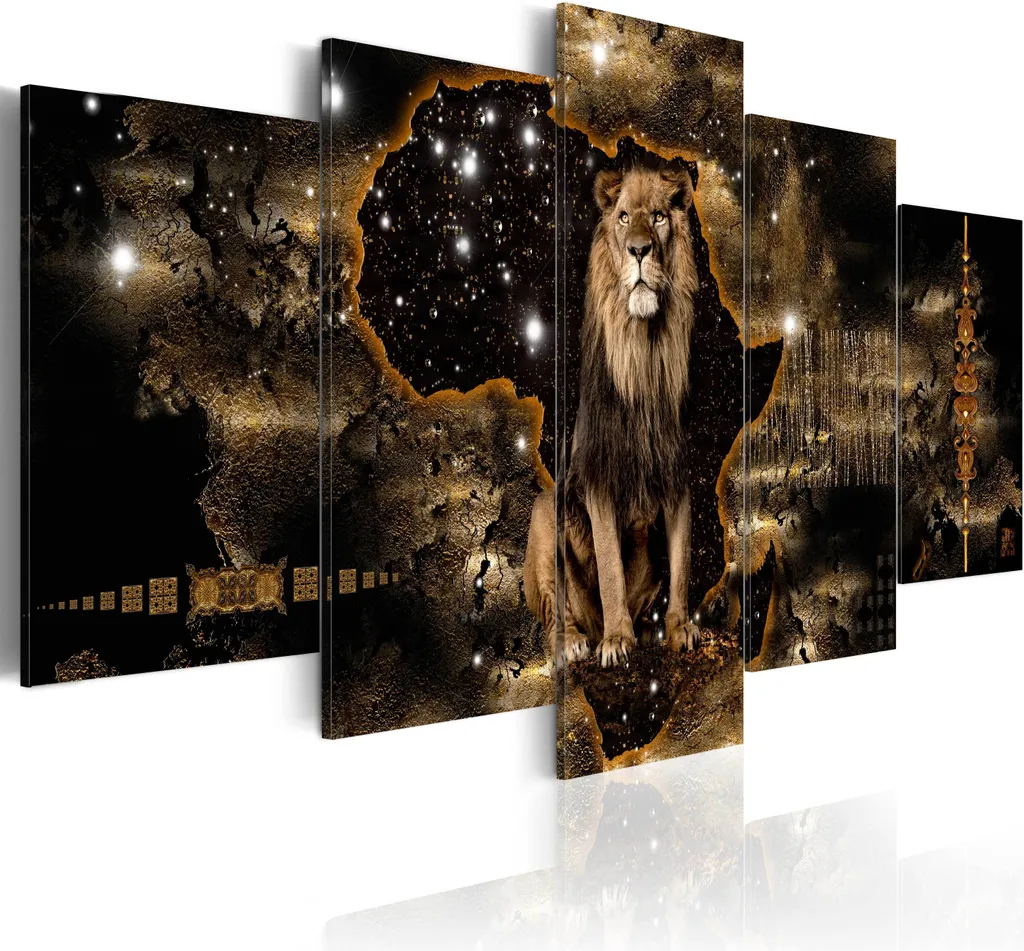 Tableau Moderne 5 Panneaux Toile Intissée Lion Afrique Design 150x75