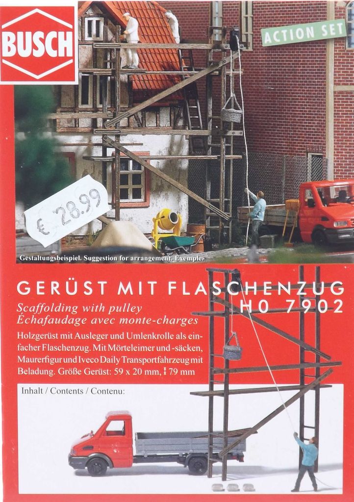 Busch 7902 - 1/87 / H0 Gerüst mit Maurer und Flaschenzug - Neu