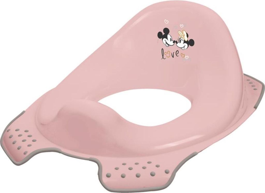A pink child's toilet seat with Mickey and Minnie Mouse graphics.