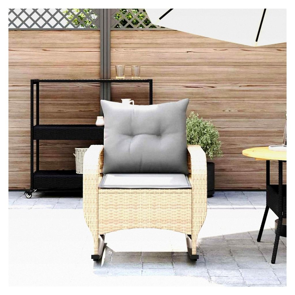 Garten-Schaukelstuhl Beige, PE-Rattan, Stahlrahmen, gepolstert, UV-beständig