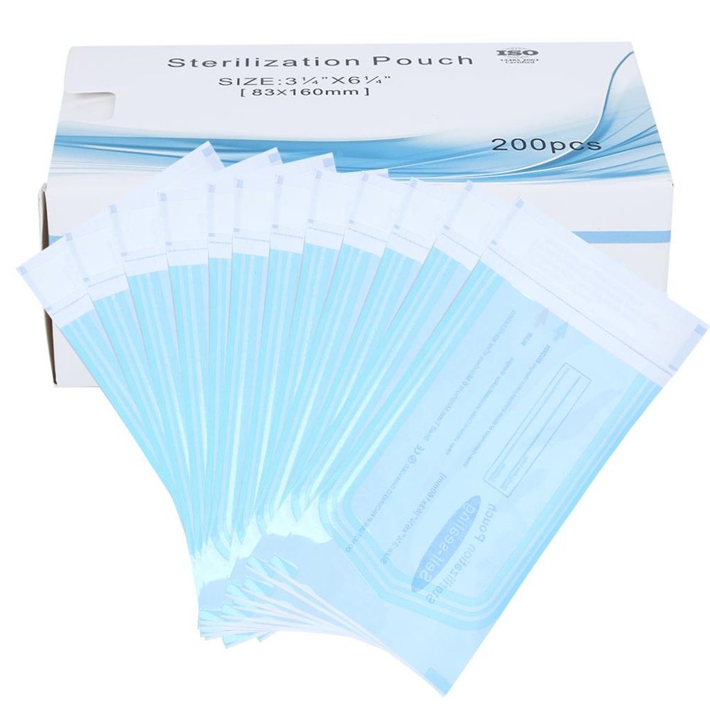 200 Stück selbstverschließende Beutel, zahnärztlicher Bedarf, PVC-Beutel, transparente Folie, blau, zur Sterilisation (83 x 160 mm)