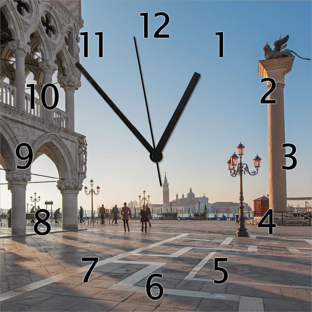 Wallario Design Wanduhr Venedig - Dogenpalast, Markusplatz und San Giorgio Maggiore I aus Echtglas, Größe 30 x 30 cm