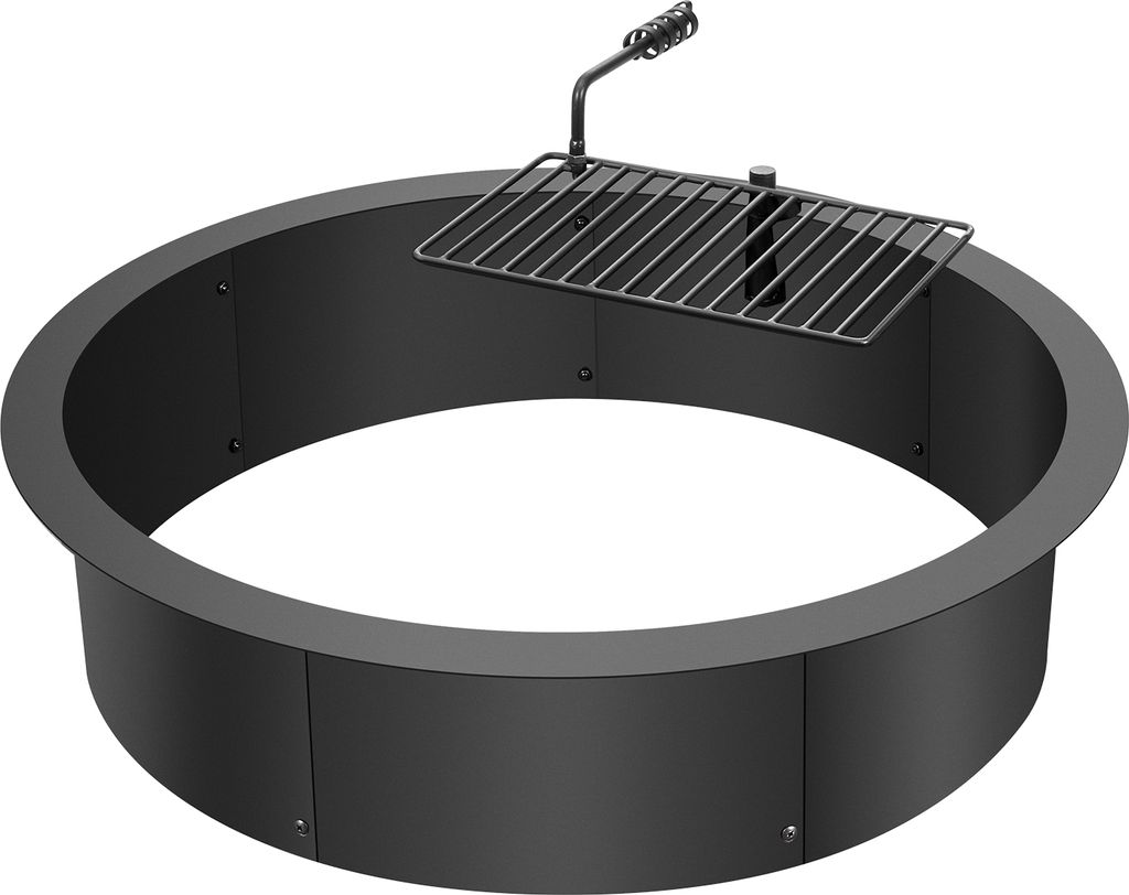 A black metal fire pit ring with a grill attachment, shown on a white background.