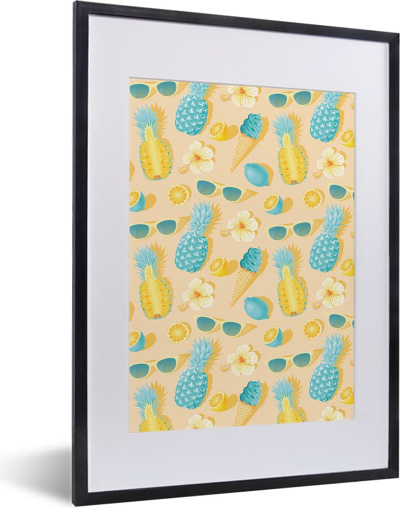 MuchoWow Gerahmtes Poster Sommer - Muster - Ananas - Sonnenbrille 30x40 cm - Poster mit Schwarzem Bilderrahmen Wandposter Rahmen Foto Bilder - Wa...
