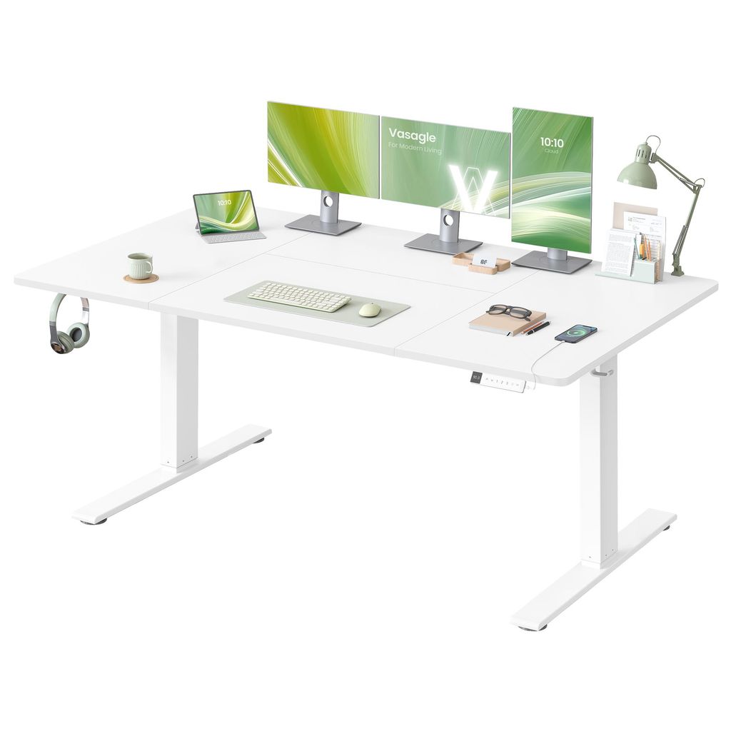 VASAGLE Höhenverstellbarer Schreibtisch, 160 cm, USB-C-Anschluss, Ablage für Steckdosenleiste, Erinnerung bei langem Sitzen, 3 Speichertasten