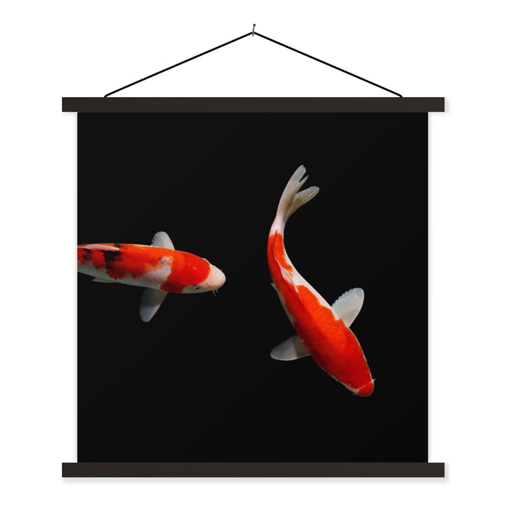 MuchoWow Textilposter Zwei bunte Koi-Karpfen auf schwarzem Hintergrund 120x120 cm mit schwarzem Rahmen - Aufhängungsset