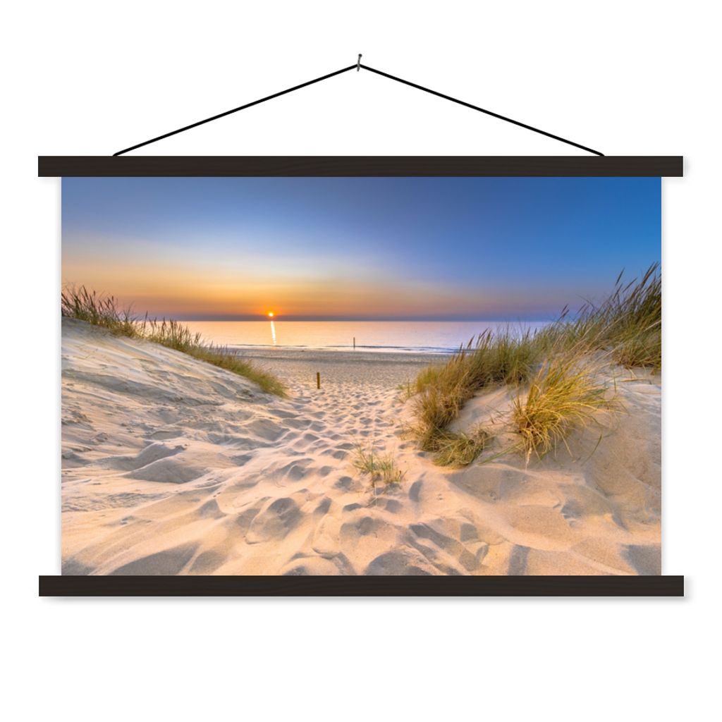 MuchoWow Textilposter Düne - Sonnenuntergang - Horizont - Strand - Gras 60x40 cm mit schwarzem Rahmen - Hölzernes
