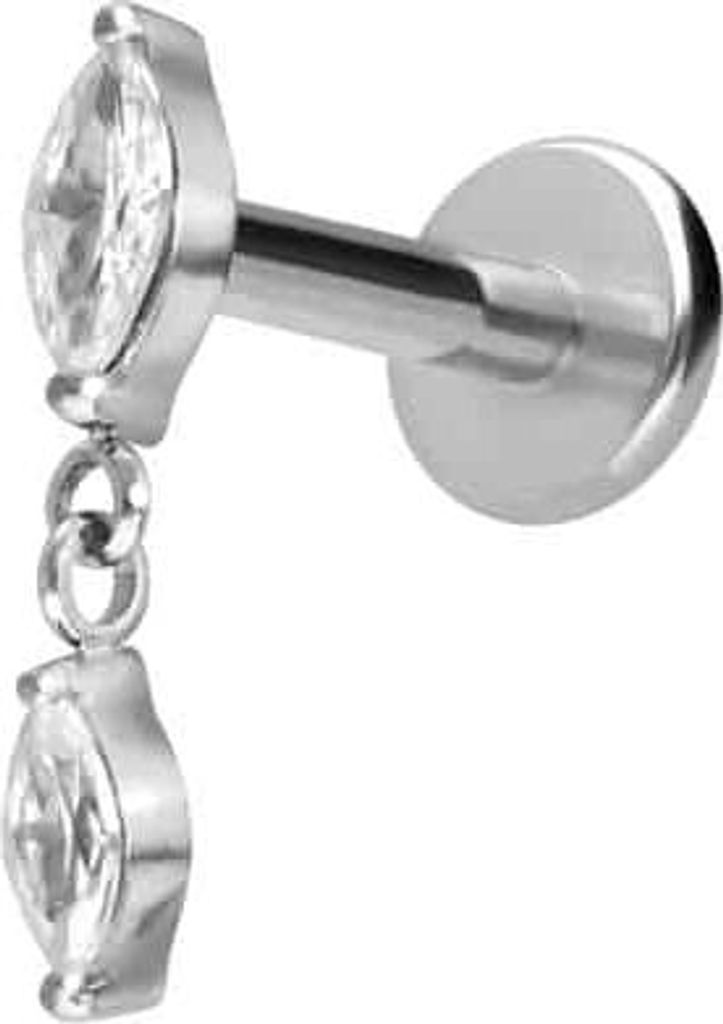 Ohrpiercing, Nasenpiercing Titan Labret mit Push Fit 2 KRISTALLTROPFEN Silber Stablänge: 5mm | Stabstärke: 1,2mm