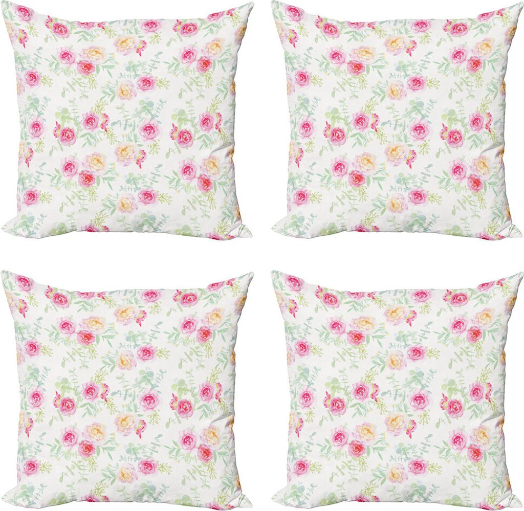 ABAKUHAUS Aquarell-Blumen Kissenbezug Set (4 Stück), Retro Malerei, Moderner Doppelseitiger Digitaldruck, 50 cm x 50 cm, Weiß-Rosa-Grün