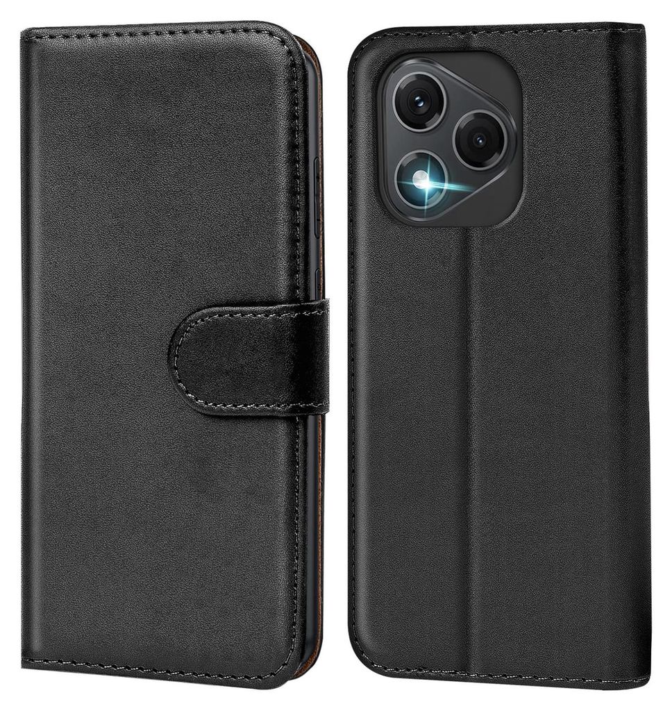 A black flip case for a smartphone is shown from the front and back.