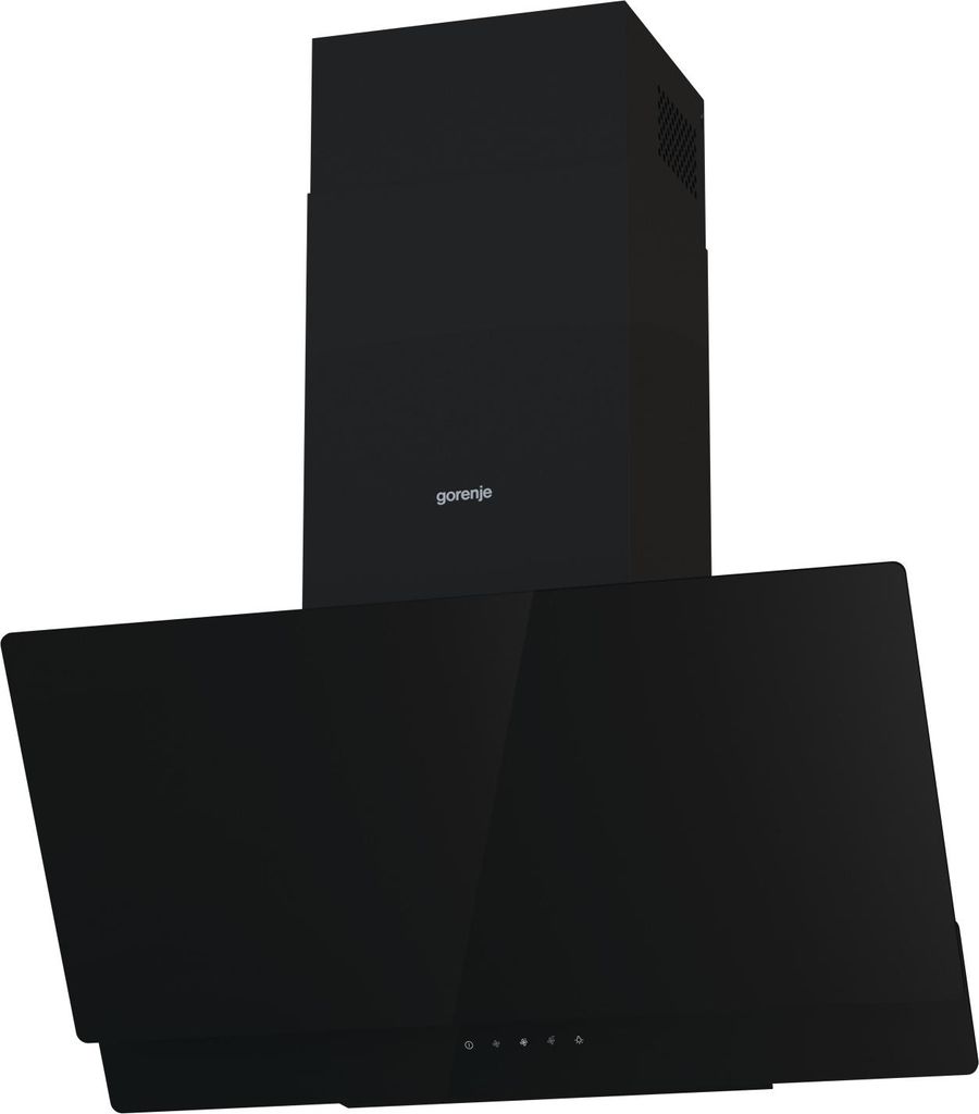 A black Gorenje chimney range hood against a white background.