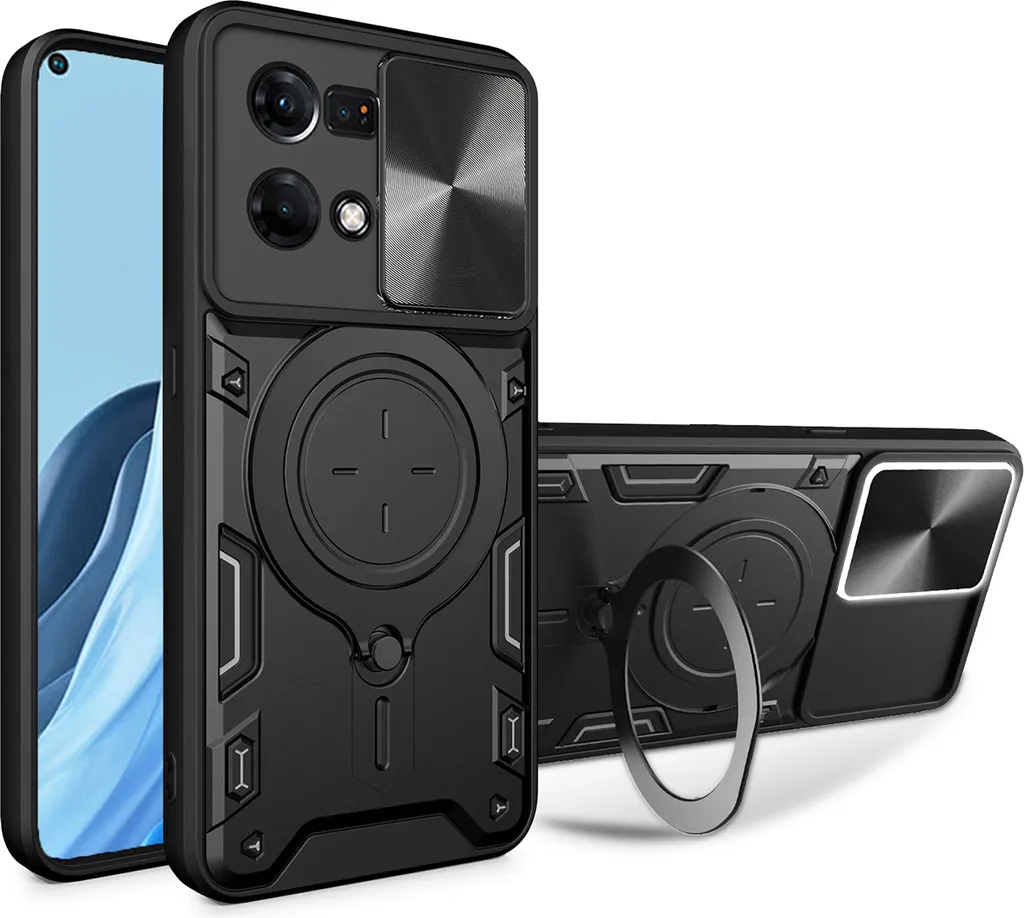 Custodia per Oppo Reno7 4G custodia resistente a doppio strato con copertura della fotocamera e supporto ad anello nero