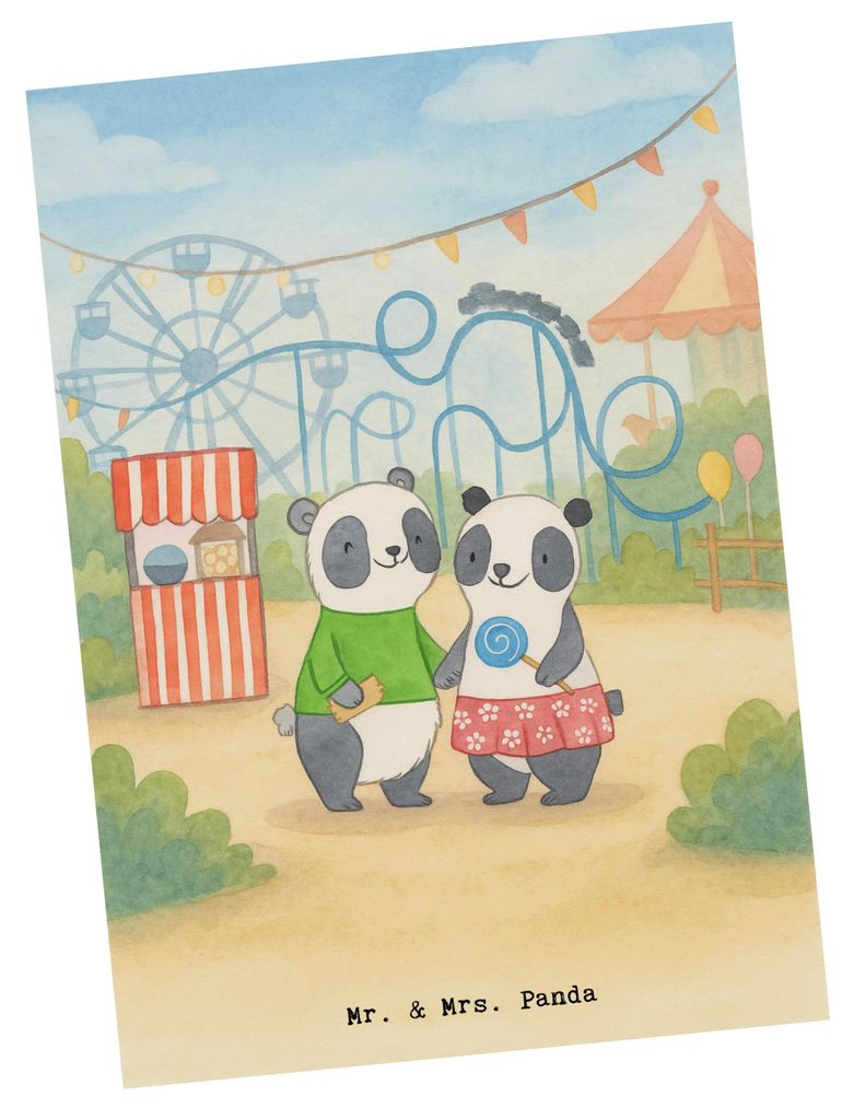 Mr. & Mrs. Panda Postkarte Pandas Freizeitpark besuchen Design - Weiß - Geschenk, Postkarten, Ansichtskarten, Ansichtskarte, Achterbahn fahren, bi...