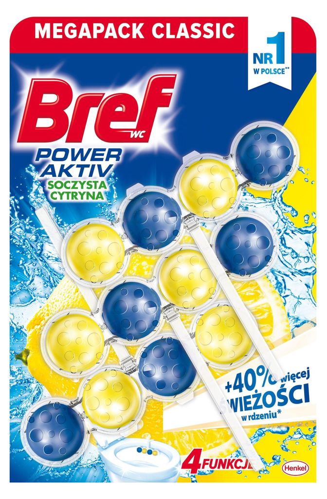Packaging for Bref Power Aktiv toilet cleaner blocks with lemon scent.