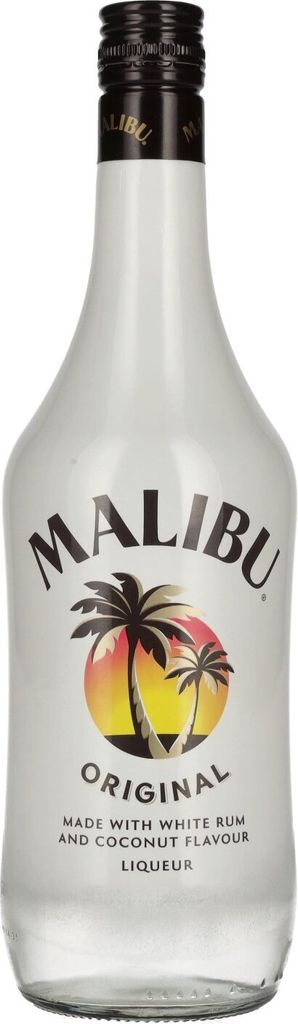 A bottle of Malibu coconut liqueur.