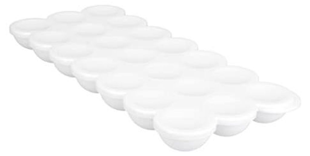 A white ice cube tray with multiple compartments, shown from a diagonal angle.