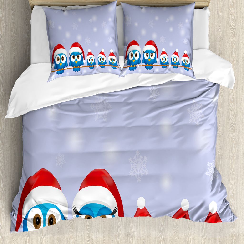 ABAKUHAUS Weihnachten Bettbezug, Fun Vögel Sankt-Hüte, Milbensicher Allergiker geeignet mit Kissenbezügen, 155 cm x 220 cm - 80 x 80 cm, Blau Rot