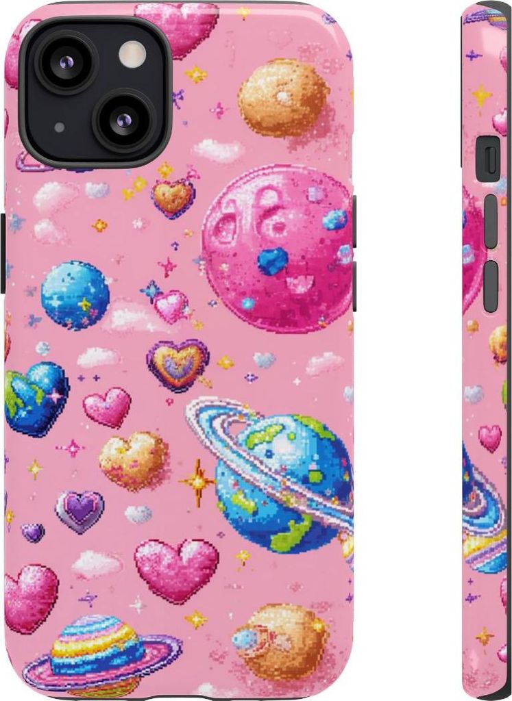 Pixel-Herzen und Planeten – Hülle Kompatibel mit iPhone 13