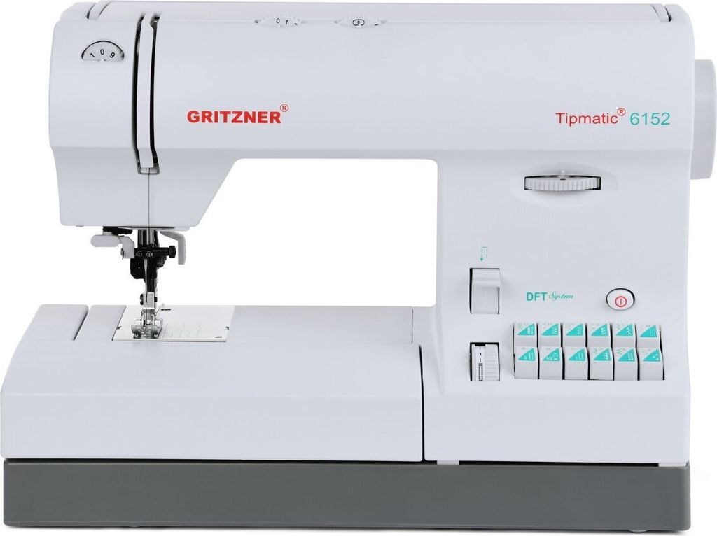A white sewing machine with gray base and teal buttons is shown against a white background.