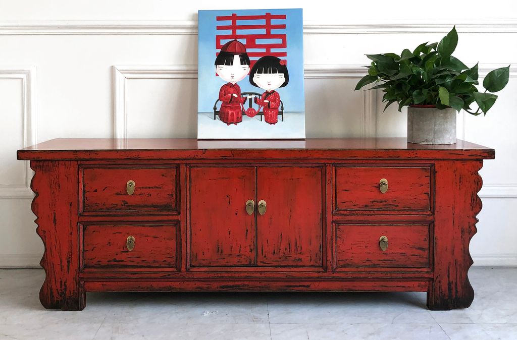 Chinesisches Lowboard Sideboard Kommode Schrank Möbel asiatisch orientalisch chinesisch Büffet Anrichte rot China Shabby Chic Vintage Holz