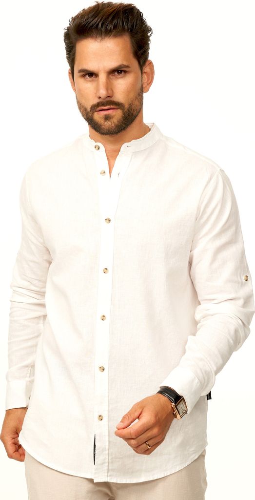 behype. Herren Langarmhemd aus Leinen im Regular-Fit Sommerhemd Herren Leinenhemd Freizeithemd mit Stehkragen & Krempelfunktion