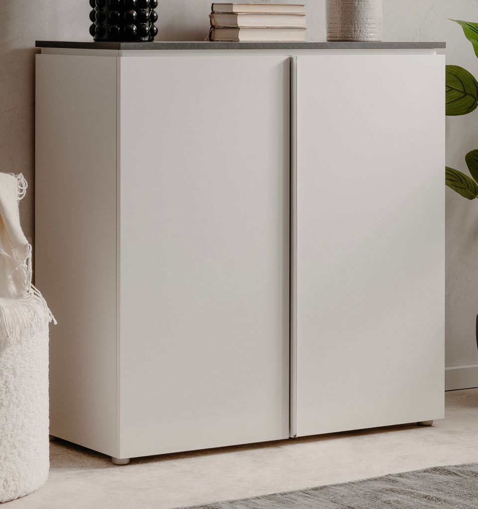 Kommode "Briec" in weiß Glanz und Matera grau Sideboard 89 cm