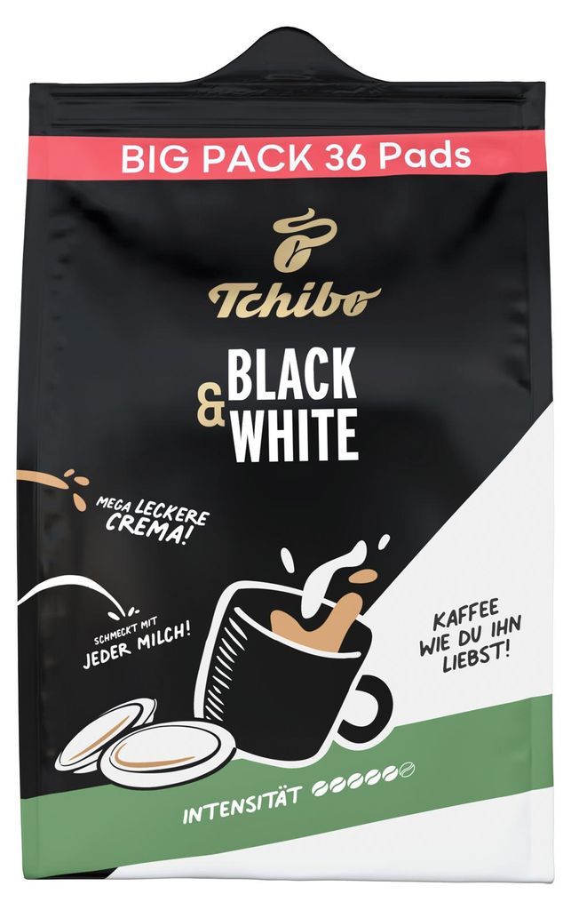 Tchibo Kaffeepads, BLACK & WHITE, 1x36 Pads Kräftig mit Produktbild 