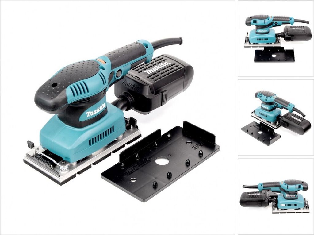 A Makita orbital sander with its dust collection box and a separate base plate are displayed against a white background. The image is composed of a main shot and three smaller inset shots showing different angles of the sander.
